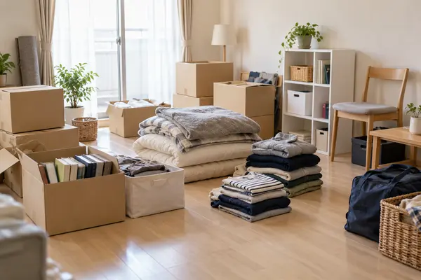引越し前の部屋に残った段ボールや布団、衣類、本