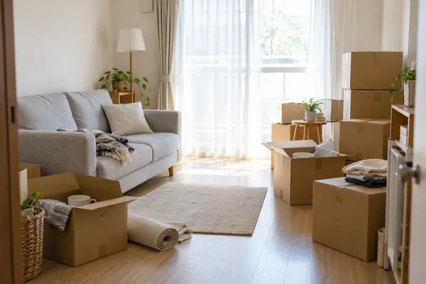 引越し準備中の部屋に残るソファと段ボール箱