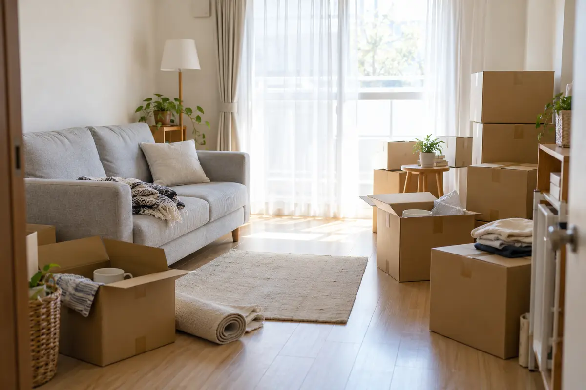 引越し準備中の部屋に残るソファと段ボール箱
